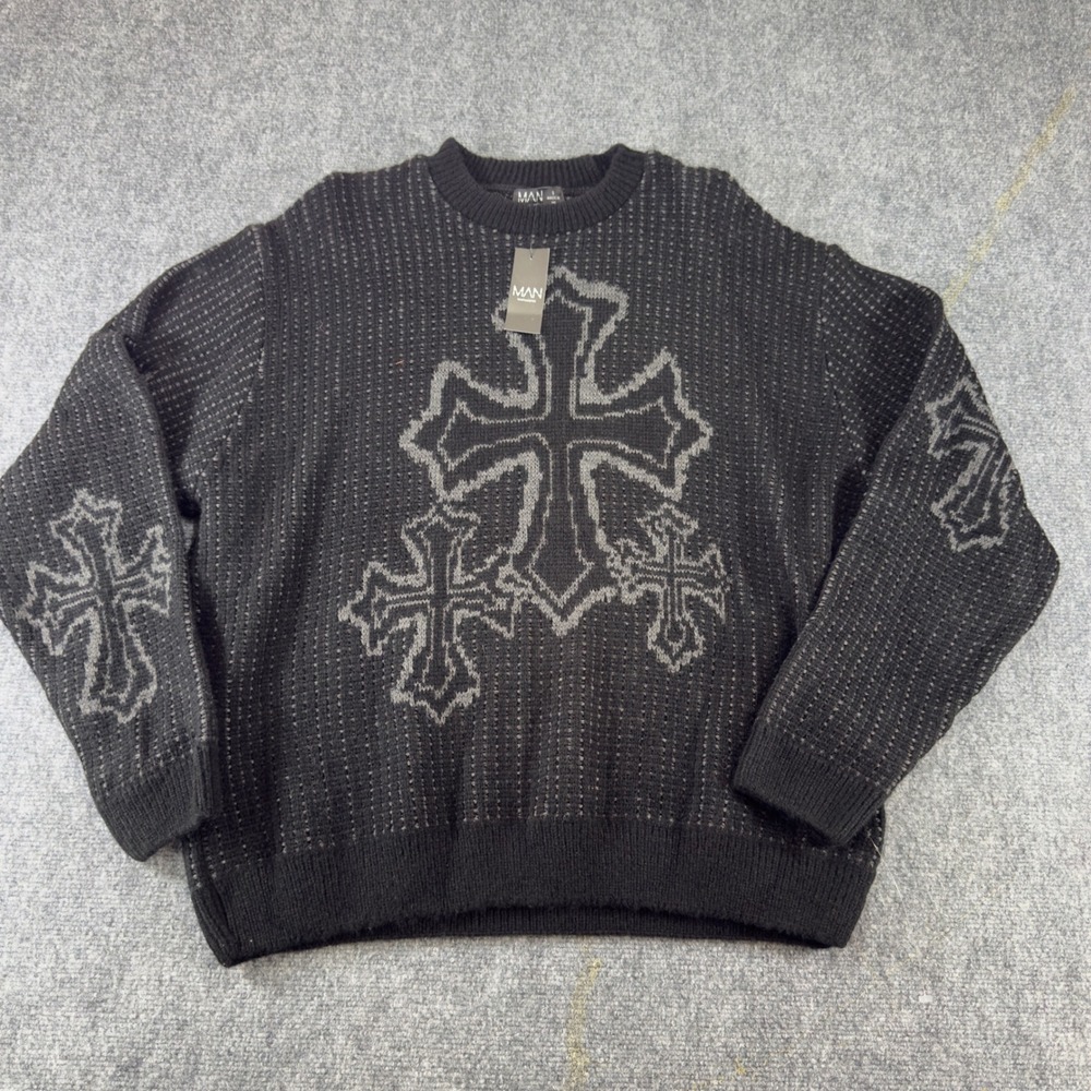NWT boohooMAN Gothic Cross Graphic Knit Sweater Black Size S